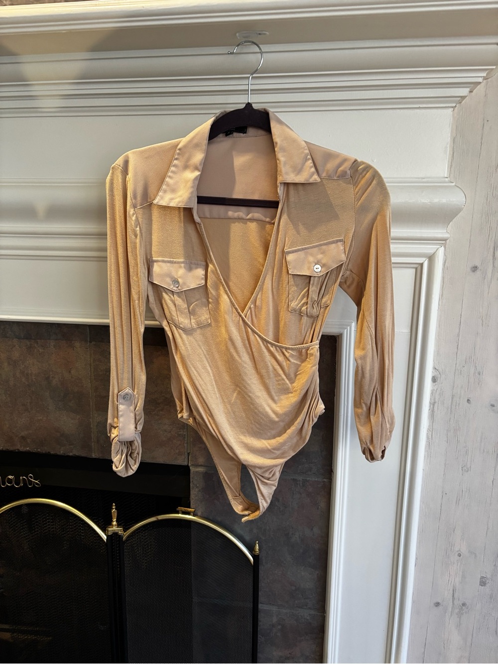 Black Label Champagne Satin Surplice Long-Sleeve Bodysuit